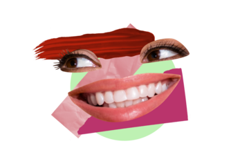 Photo collage artwork minimal picture of funky smiling face white teeth isolated beige color background