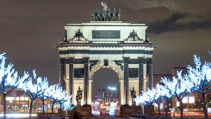 Triumphal arch in Moscow with Christmas illuminations at night timelapse