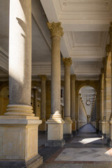 Mill Colonnade with hot springs in Karlovy Vary, Carlsbad, spa town with thermal springs in west...