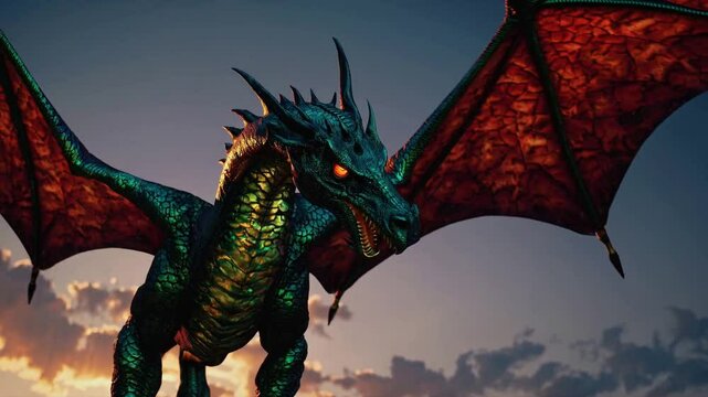Majestic Dragon in Flight: A captivating view of a mythical dragon soaring through the sky, its iridescent scales catching the light, and fiery eyes fixated on the horizon.