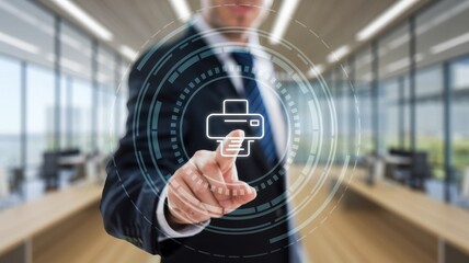 Businessman Interacting with Digital Printer Interface in Modern Office Setting