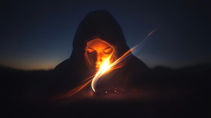 A captivating image of a cloaked figure channeling a radiant light, representing mystery and enlightenment amidst the dark surroundings of the night.