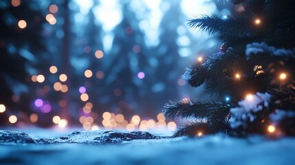 Snowy Christmas tree with lights, winter forest backdrop