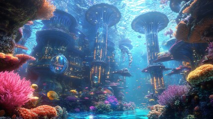Vibrant underwater city nestled among colorful coral reefs. Futuristic architecture blends seamlessly with marine life. A breathtaking fantasy seascape.