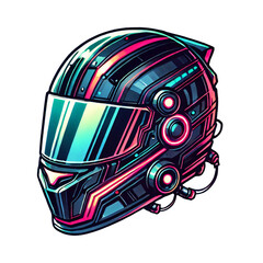 Fototapeta premium A cyberpunk-inspired futuristic racing helmet sticker with glowing neon accents, aerodynamic curves, and a bold, high-tech design perfect for modern racing enthusiasts.