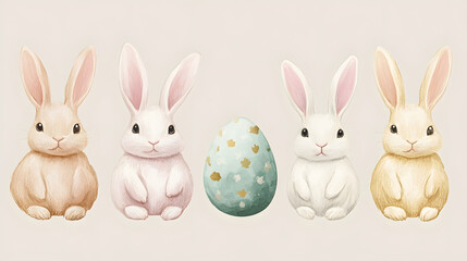 Obraz premium Vintage-inspired hand-drawn pastel Easter bunnies with soft details for unique designs.
