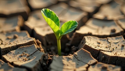 Small tenacious plant pushing through dry cracked mud , vibrant green, plant