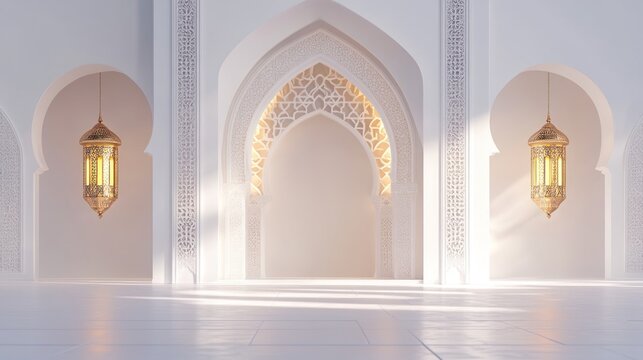 White mosque interior, arches, and lanterns