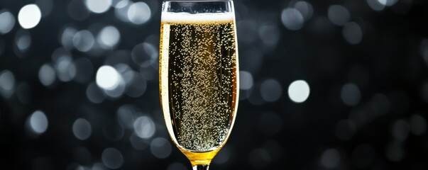 Close-up of champagne glass with bubbles against bokeh background