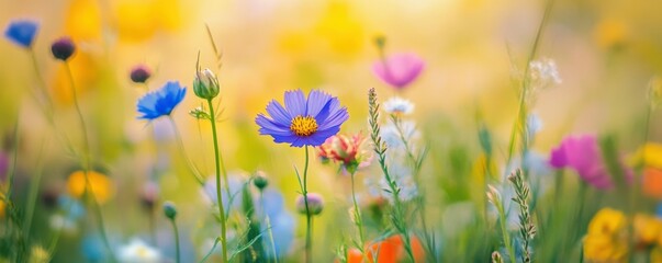 Fototapeta premium Colorful wildflowers blooming in sunlit meadow with vibrant purple and pink flowers