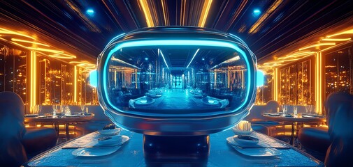 Virtual reality dining experience, wide-angle perspective, abstract culinary creations, futuristic technology integration, vivid lighting, senses engaged, immersive gastronomy