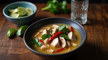 Savory Soup Culinary Delight: An appetizing shot of a bowl of flavorful soup with garnish, complemented by the fresh addition of lime and cilantro, ready to be savored, a food stylist&rsquo;s dream.