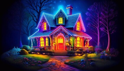 Fototapeta premium Mysterious magic house with vibrant neon lights surrounded by dark trees at night