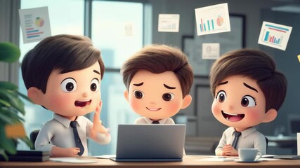 Animated Chibi-Style Office Workers in a Business Meeting Using Laptop - Powered by Adobe