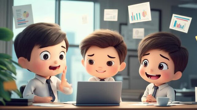 Animated Chibi-Style Office Workers in a Business Meeting Using Laptop