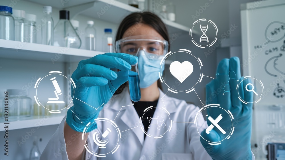 Poster scientist in lab examining test tube with health tech interface