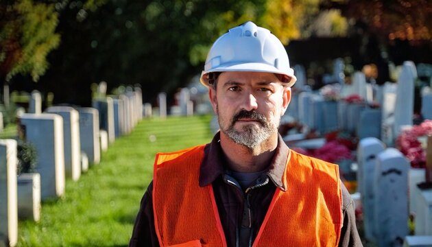Cemetery worker prepares for the day among the graves and memorials