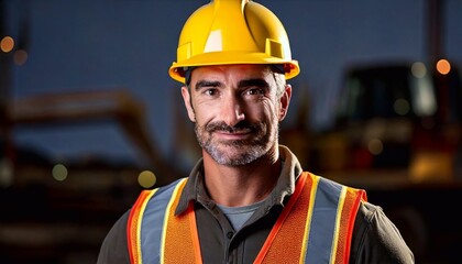 Fototapeta premium Portrait of a confident construction worker wearing safety gear at a job site in the evening