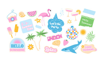 Fototapeta premium Summer stickers. Retro cool elements. Vacation, travel designs, summertime patch, collage art. Vector illustrations in pastel pink, blue, green and yellow colors. Contemporary icons.