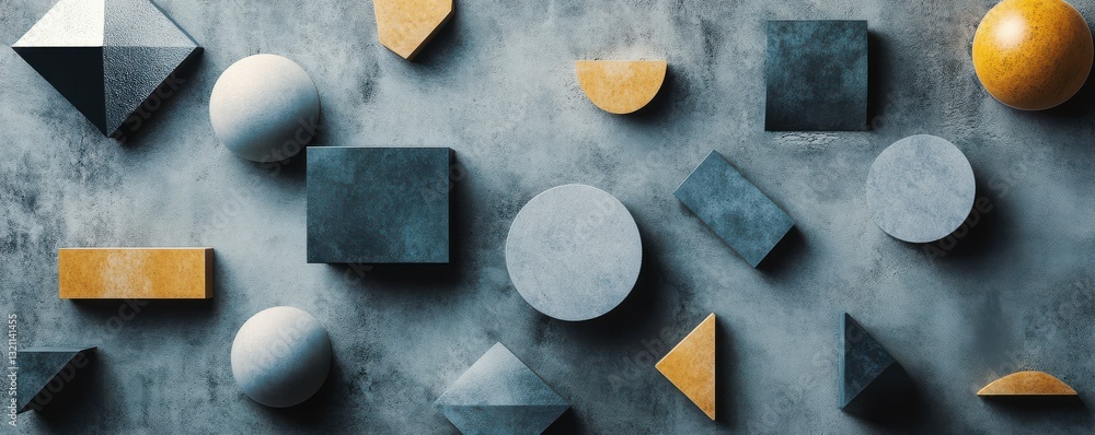 Poster abstract geometric composition with yellow and gray 3d shapes on textured background
