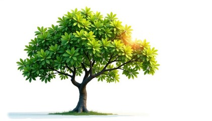 Isolated tree against a white background, with sunlight filtering through leaves, isolated scene, foliage