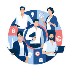 The team. Experts. Business illustration of a team in a circle shape
