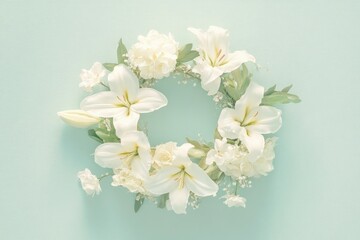Beautiful White Floral Wreath Arrangement on a Soft Pastel Background Perfect for Spring Decor