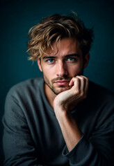 Fototapeta premium Young Man with Blonde Hair in Grey Sweater Looking Intently. 