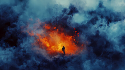 Fototapeta premium A solitary figure stands amidst a fiery explosion, surrounded by swirling clouds of smoke and color