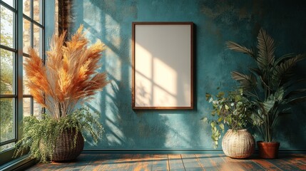 Interior design mockup, framed poster, plants, sunlight, modern style, empty canvas, bohemian decor