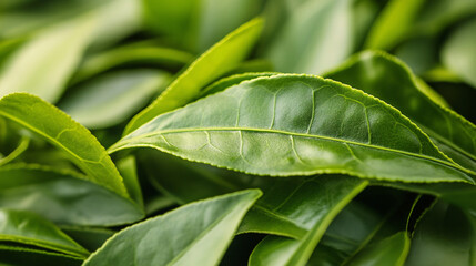 Fototapeta premium A close-up of fresh green tea leaves with rich color and detailed texture showing natural beauty