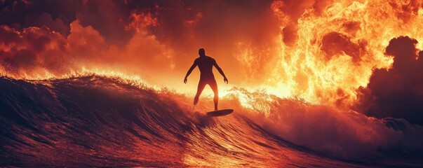 Obraz premium Surfer riding fiery sunset wave with dramatic clouds and bold silhouette