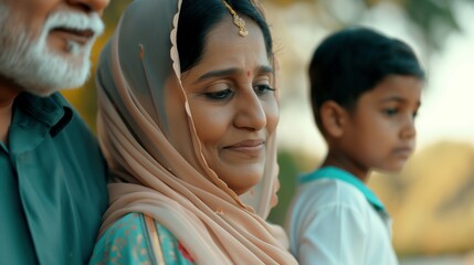 Obraz premium Thoughtful bindi woman wearing headscarf in indian family gathering portrait image. Hindu female serene expression photography human scene. Cultural heritage concept photo-realistic