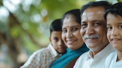 Obraz premium Loving multi-generational indian family smiling together portrait image. South asian grandparents grandsons traditional photography human scene. Cultural heritage concept photo-realistic
