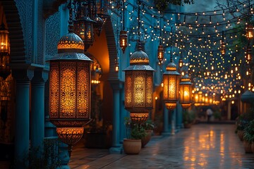 Obraz premium Illuminated Lanterns Line Blue-Hued Corridor Adorned with Twinkling Lights Creating Enchanting Evening Atmosphere