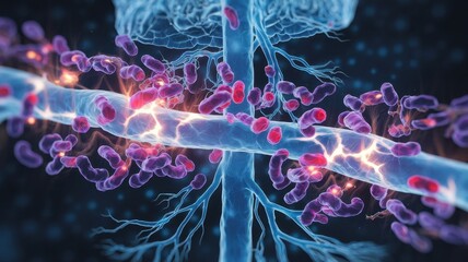 Chronic inflammation warning signs concepts. Microscopic view of neurons with vibrant connections and synapse activity.