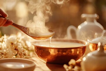 Fototapeta premium Enjoying Hot Soup in a Minimalistic Setting With Delicate Florals and Warm Lighting at Sunset