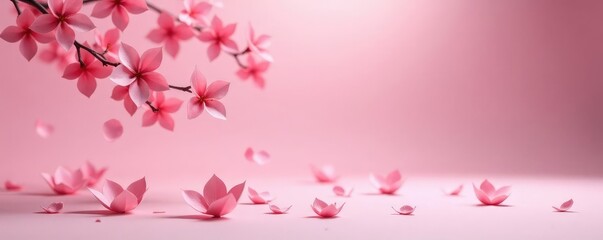 Fototapeta premium Origami cherry blossoms falling gently on a soft pink carpet, petal-like arrangements, delicate petals, gentle descent