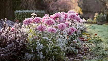 Frozen flowers reveal winter's beauty in a serene garden setting