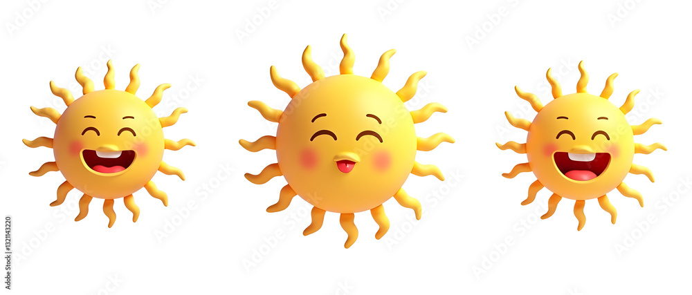 Poster three cheerful suns displaying joyful expressions with smiling faces and radiating rays.