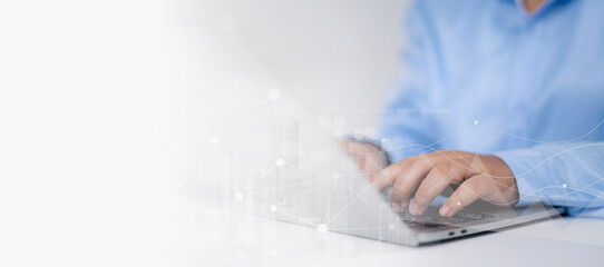 Business analysis concept, Businessman using digital tablet analyzing and calculating financial...