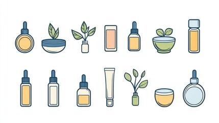 A collection of various skincare products including oils, creams, and botanical elements arranged neatly