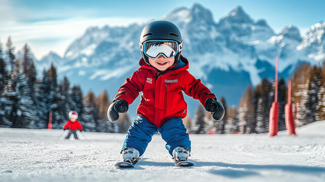 Ski resort advertisement. Child in ski equipment enjoying slide down the slope. Kid in ski googless, helmet and red suit learning skiing in mountains at sunny day. Copy space. Winter sport