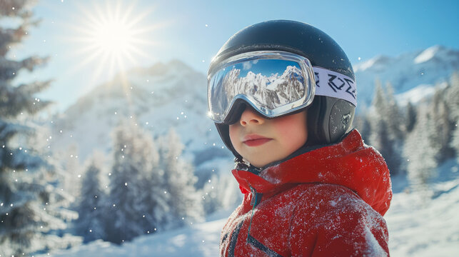 Ski resort advertisement. Child in ski equipment enjoying slide down the slope. Kid in ski googless, helmet and red suit learning skiing in mountains at sunny day. Copy space. Winter sport