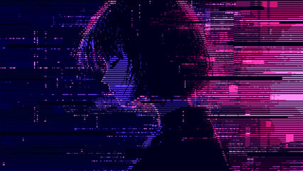Fototapeta premium Abstract glitch effect background. head silhouette. digital art. pixel glitch texture. Data visualization concept. digital distortion and noise effect. banner or poster. Vector Illustration. 