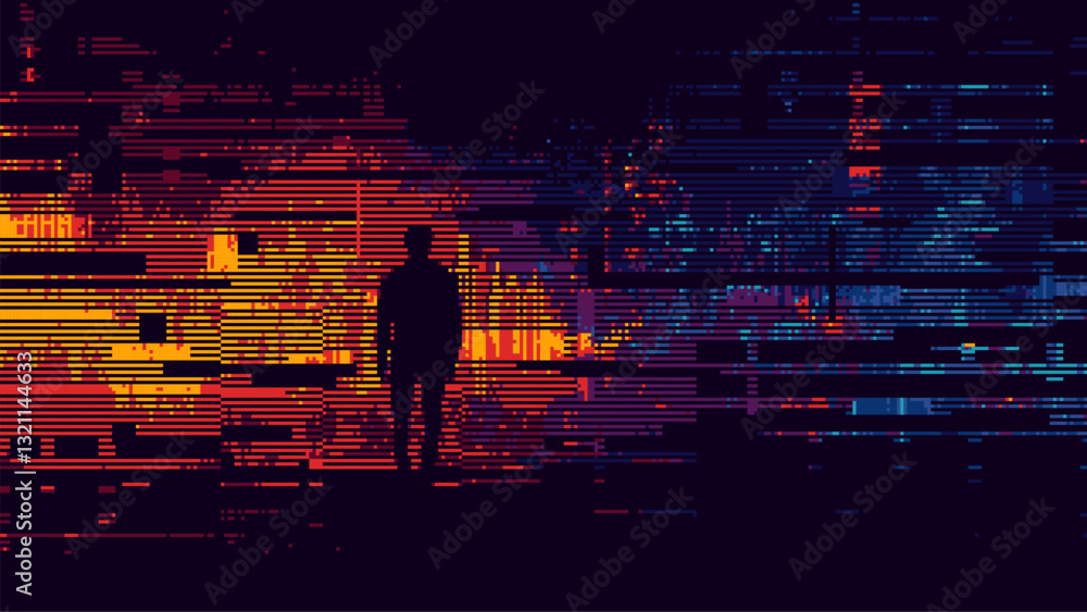 Poster abstract glitch effect background. human silhouette. digital art. pixel glitch texture. data visuali