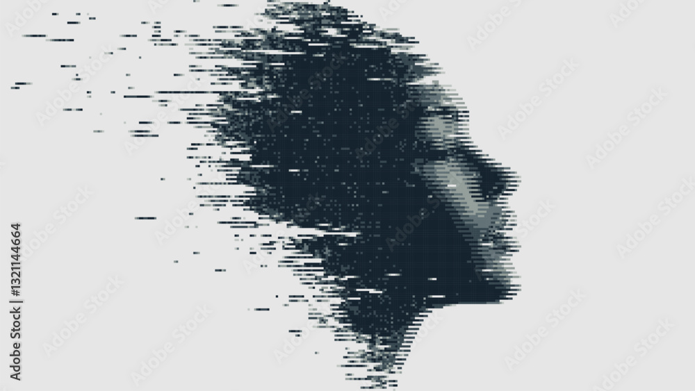 Poster Abstract glitch effect background. head silhouette. digital art. pixel glitch texture. Data visualization concept. digital distortion and noise effect. banner or poster. Vector Illustration. 