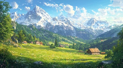 Obraz premium Majestic alpine landscape green meadows and snowcapped peaks