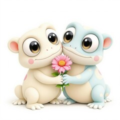 Naklejka premium Two cartoon frogs holding a pink flower