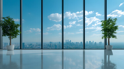 A modern interior with large windows showcasing a city skyline under a bright blue sky, complemented by indoor plants